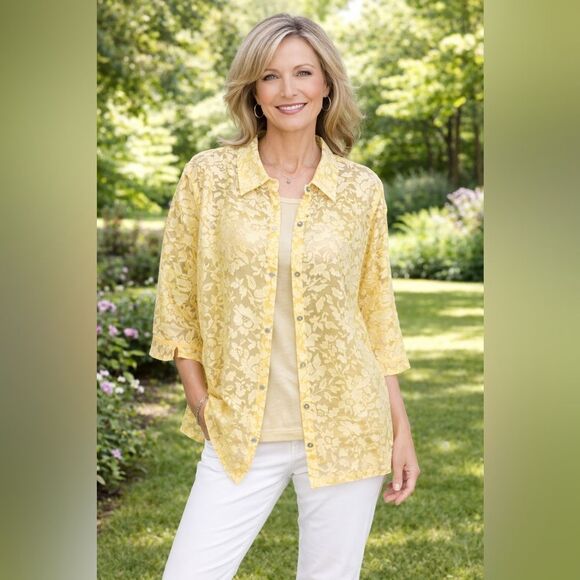Notations Tops - Notations Yellow Floral Button Down Shirt XL